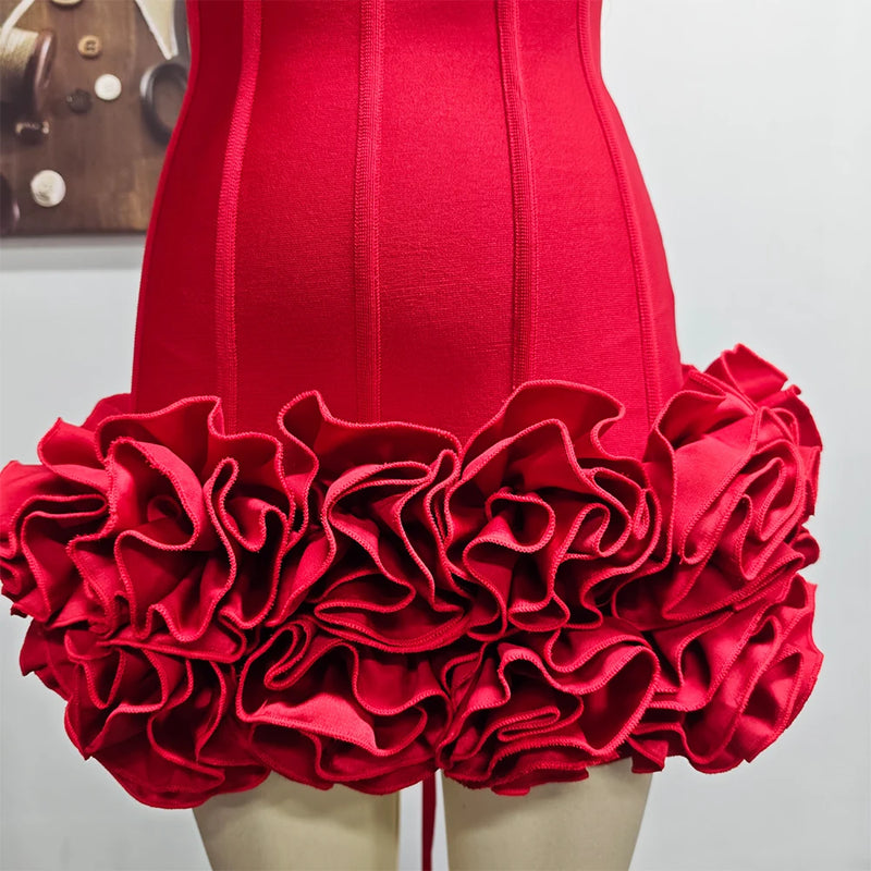 VC Christmas Dress Strapless Backless Red Structured Floral Embellished Mini Length.