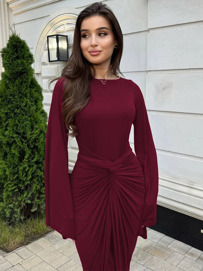 Dulzura Autumn Fashion Elegant O-Neck Long Flare Sleeve Ruched Slim Fit Ribbon.