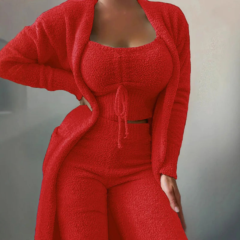 Luxury Women's Plush Pajamas Set Crop Top+Long Pants+Coat 3 Pieces.