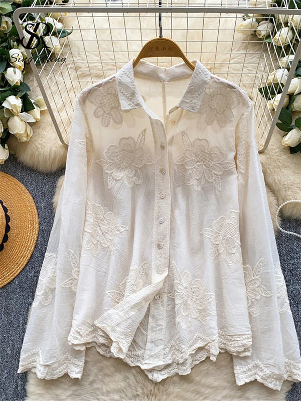 Floral Embroidery Romantic Blouse Button Long Sleeve French Loose Chic Top Female.