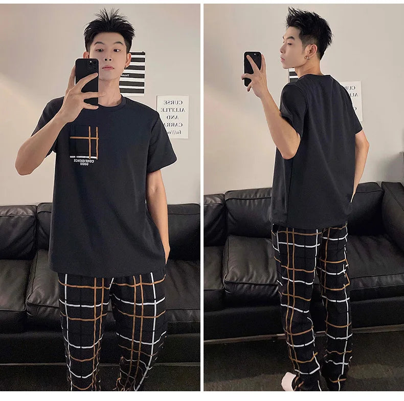 Summer Knitted Plaid Cool Mens Pyjamas Pajamas Casual Pjs Lounge Sets.