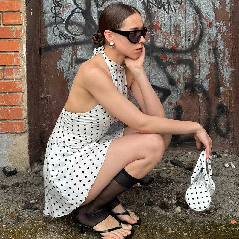 Tornova Polka Dot Halter Sleeveless Dress For Women.