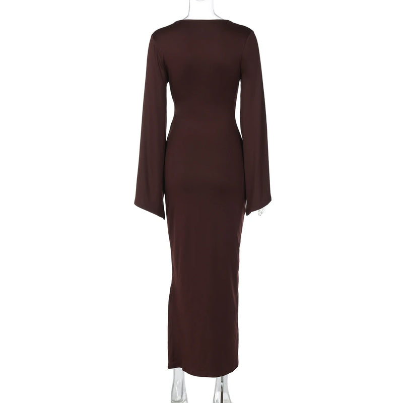 Dulzura Autumn Fashion Elegant O-Neck Long Flare Sleeve Ruched Slim Fit Ribbon.