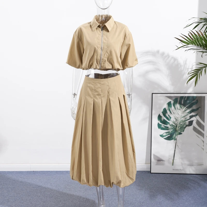 Spring Short Top Women 2 Pieces Set Elegant Turn-down Puff Sleeve Zipper.