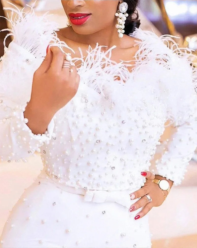 Feather White Dress Party Women Pearls Long Night Dresses.