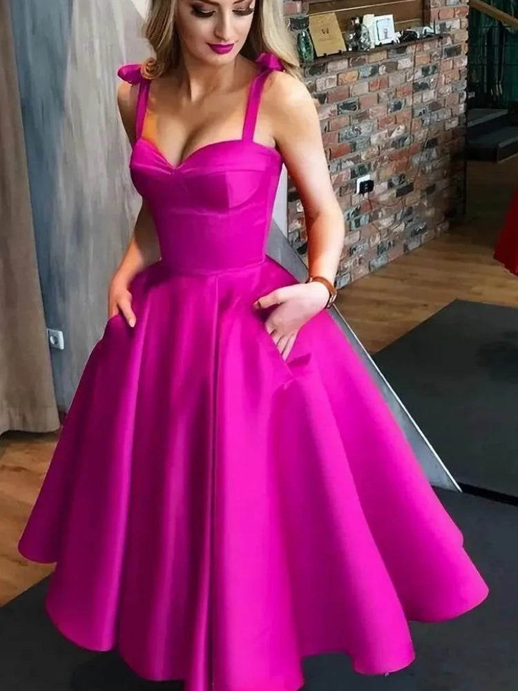 Hot Pink Evening Dress Women Elegant Satin Simple.