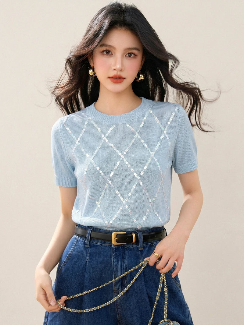 Retro Women's Sequined Diamond Cutout Short Sleeve T-Shirt Fashionable.