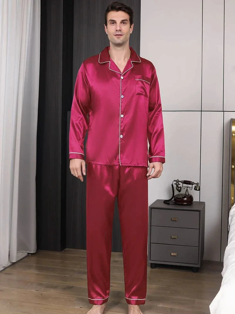 Men's Satin Pajama Set For Men Long Sleeve Button-down Top.