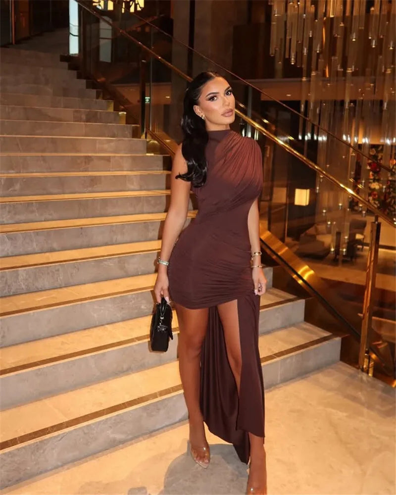 Mozision Irregular Draped Ruched Sexy Mini Dress For Women.