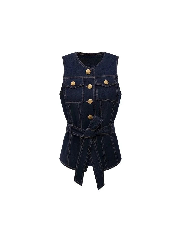 American dark blue high waist denim shorts suit women's.