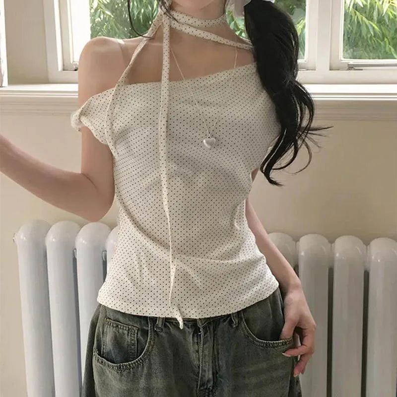 Women's Polka Dot Backless Halter Top Knot Slim Fit Short Sleeve.