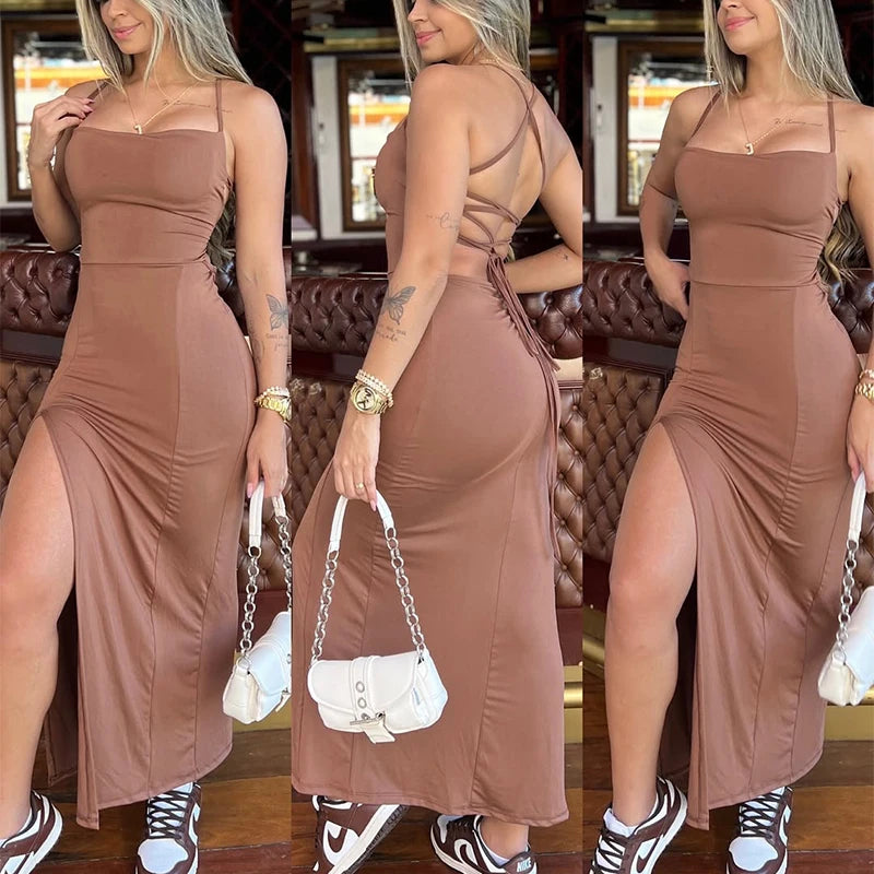 Red Dresses Women Sleeveless Spaghetti Strap Solid Color Elegant.