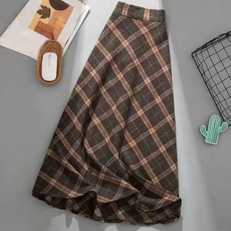 High Waist Retro Plaid Skirt Slim Fit Winter Autumu High Waist Long Skirt.