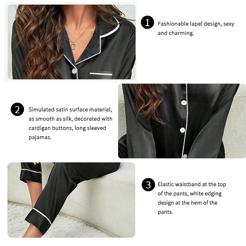 Plus Size Fall and Winter Silk Satin Women Pajamas Set Button down.