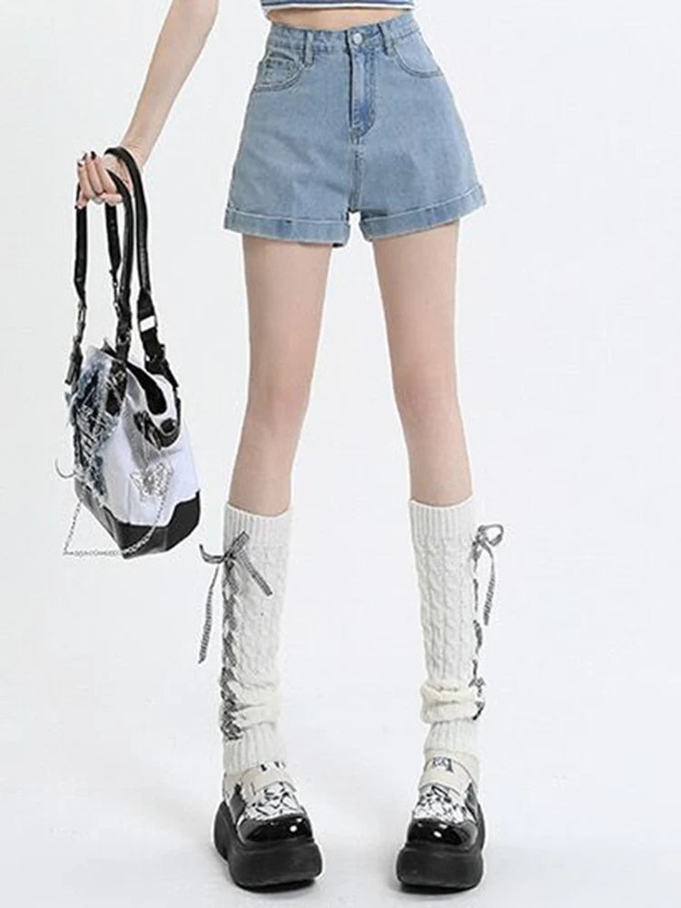 Summer Women Rolled Edge Hot Denim Shorts Lady Korean.