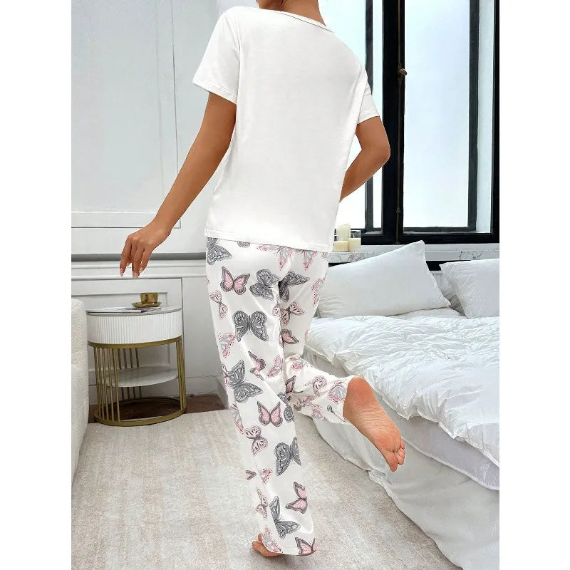 Women's Butterfly Print Pajamas Set Short Sleeve Top And Trousers 2 Piece.