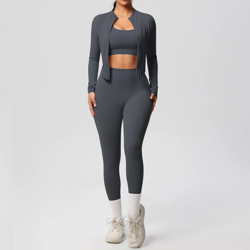 3pcs Sportswear Yoga Set Gym Sports Bra Zipper Jacket Leggings Clothes.