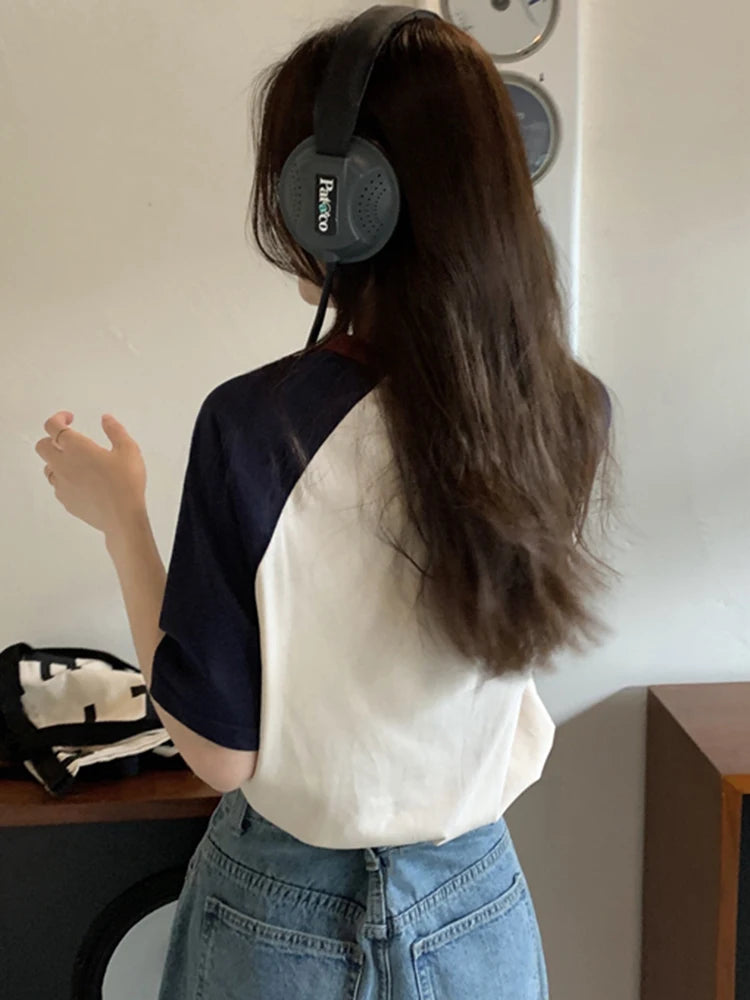Summer Tops for Women Tshirt Turn Down Collar Short Sleeve Beige Blue Chic.