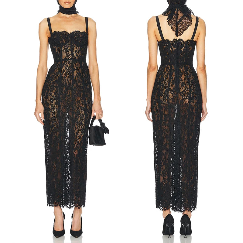 Black Lace Patwork Sleeveless Maxi Dress for Women.