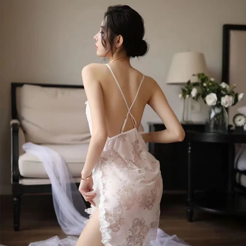 Grey Floral Hollowed Out Lace Nightdress Womens Nightgown Sleepwear.