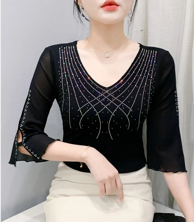 Summer Women Tops New Korean Fashion Diamond Mesh T Shirt V-neck.