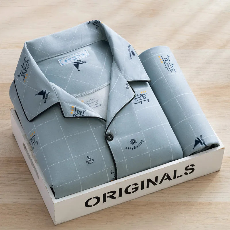 Men Pyjamas Fall and Winter Plaid Simple Sleepwear Homewear.
