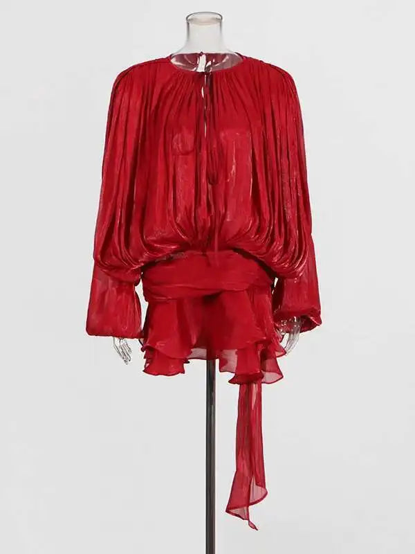 TWOTWINSTYLE Solid Blouse Mini Dresses For Women V Neck Long Sleeve.