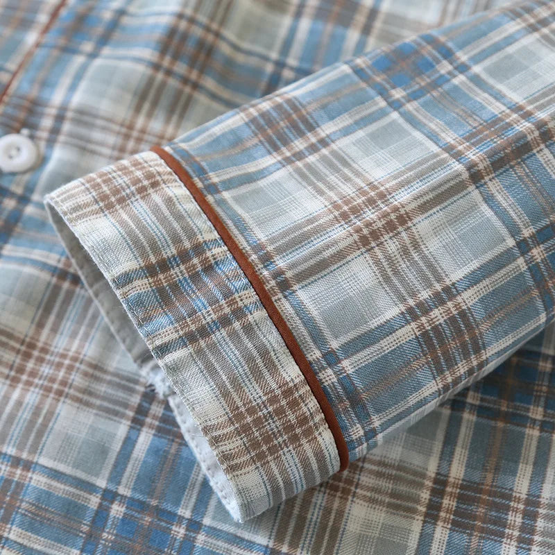 Men's Pajama Set Spring/Summer Checkered Simple Long sleeved Two Piece.