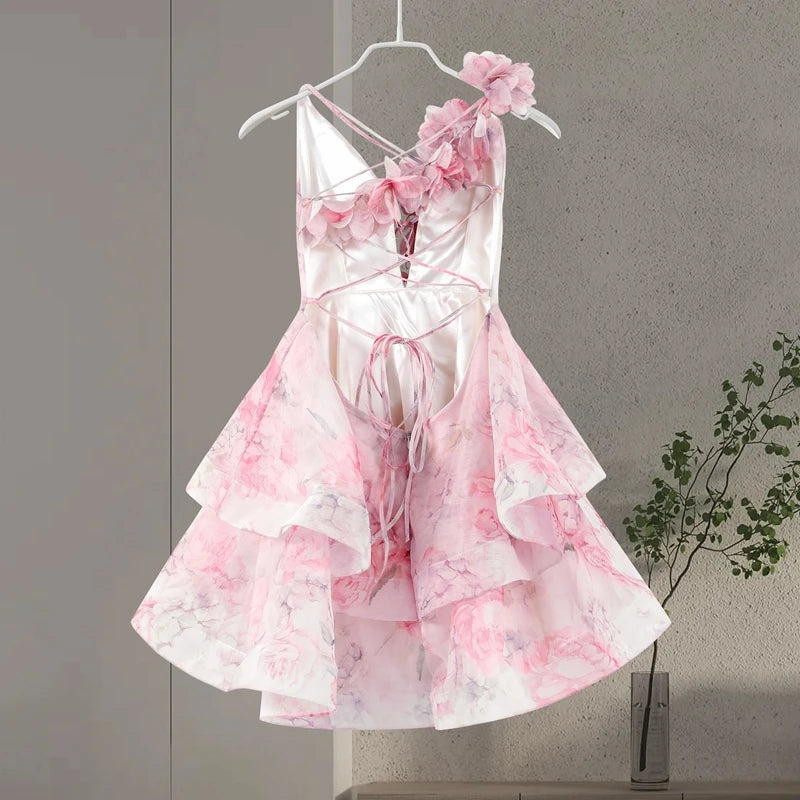 Women’s Chic Floral Printed Mini Dress Backless Sleeveless.