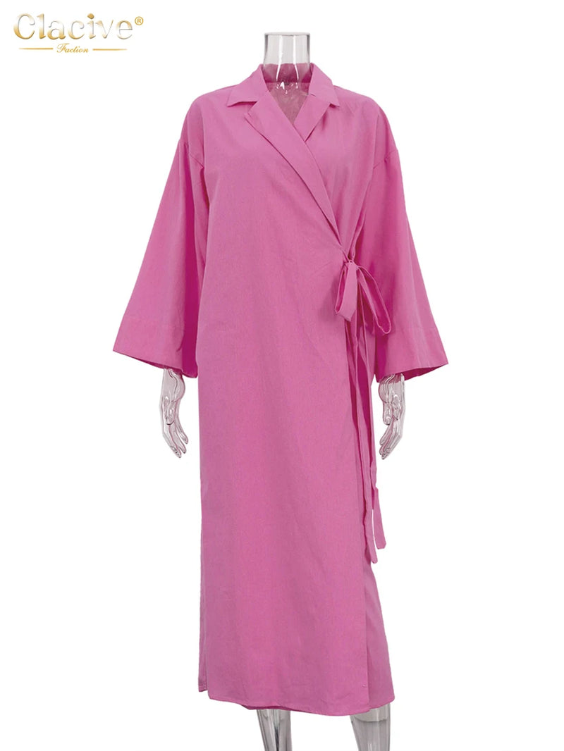 Ladies Fashion Lapel Long Sleeve Ankle Length Dress Elegant Lace-Up Dresses For Women.