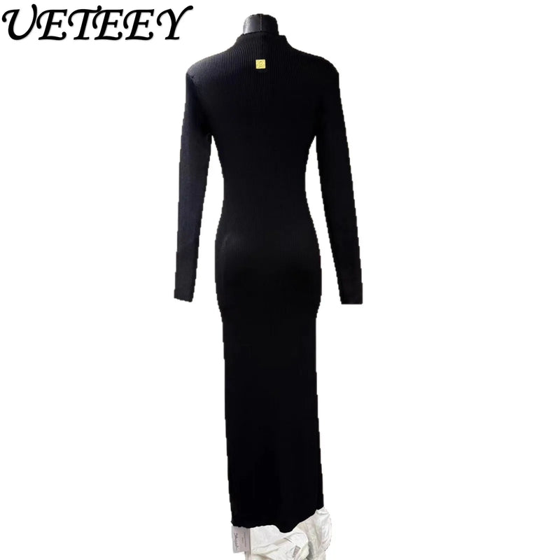 European Women Clothes Long Sleeve Waist-Cinching Knitted Long Dress.