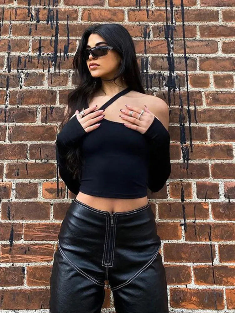Autumn Fashion Casual Slim Solid Removable Sleeves Halter T Shirt For Women.