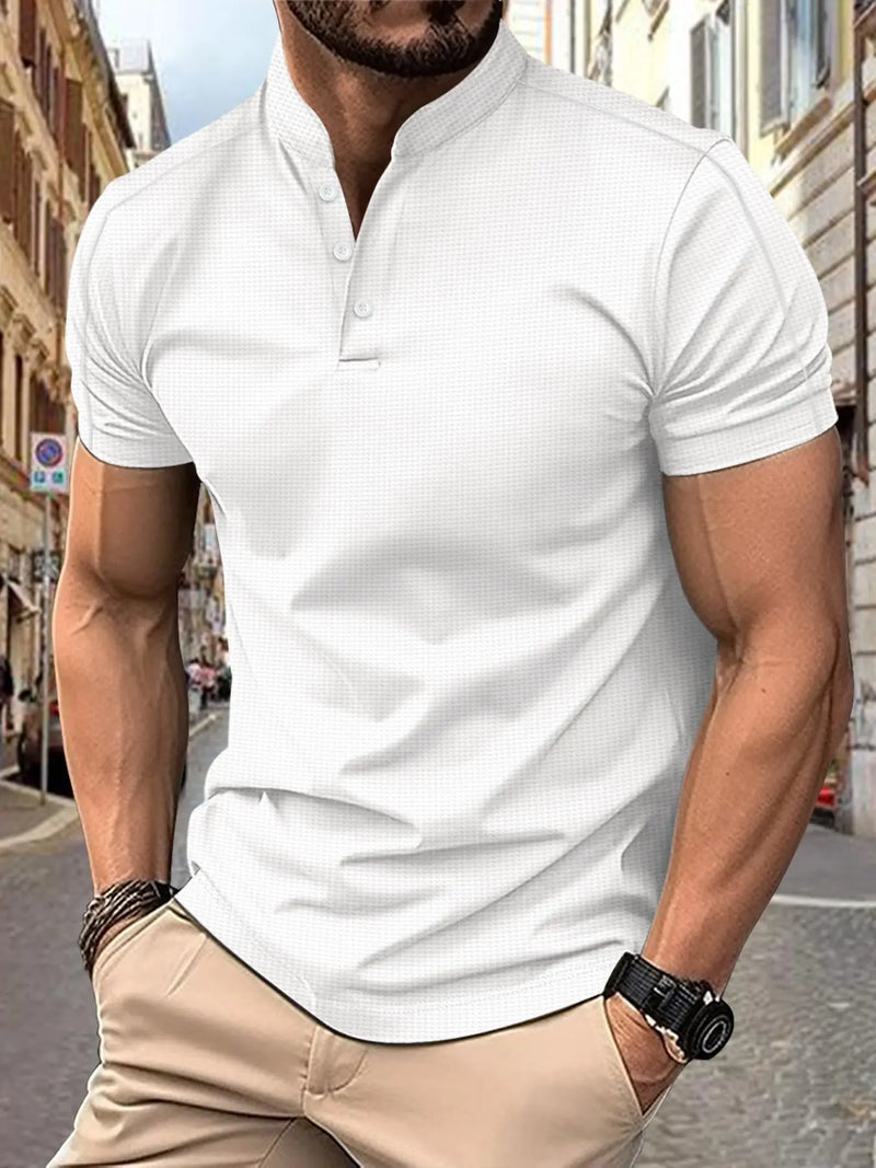 Summer explosion men's short sleeve T-shirt stand collar Waffle Henry.