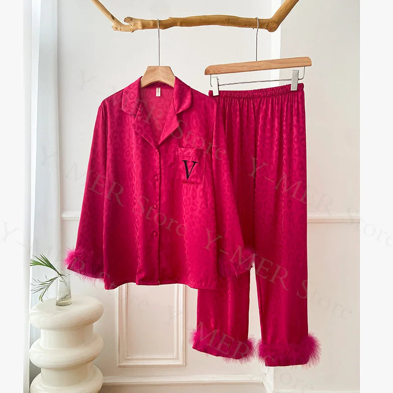 2PCS Pjs Sleepwear Women Summer New Pyjamas Suit Leopard Satin.