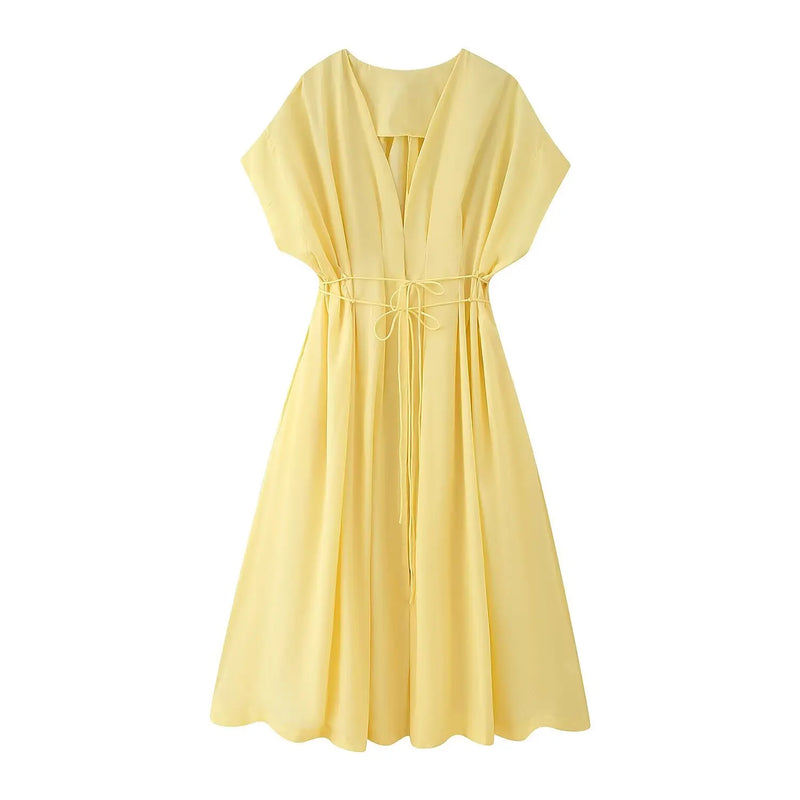 Women's New Fashion V-neck Pleated Down Shoulder Short Sleeve Midi Dress.