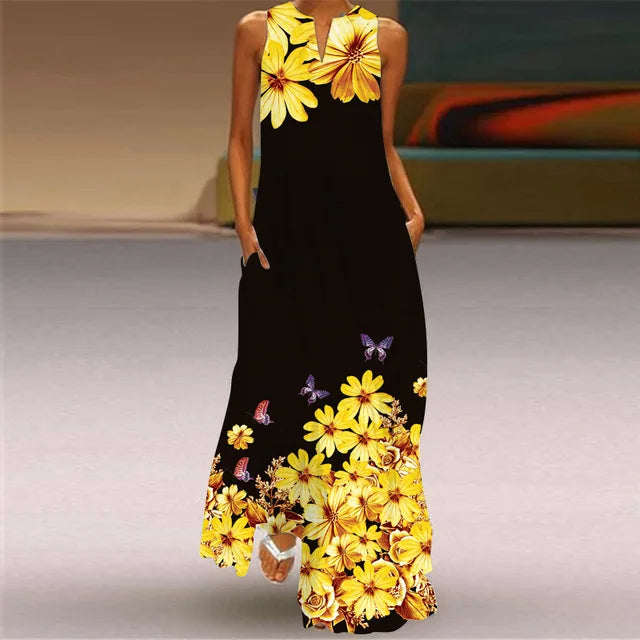 3D Floral Printed Dress Summer Vintage V-neck Sleeveless Loose Maxi Dress Elegant.