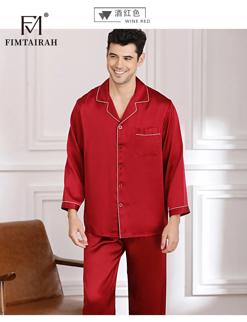 Men's Two Sets Sleepwear Summer Soft Long Sleeve  Home Wear  Mulberry Silk Pijimas.