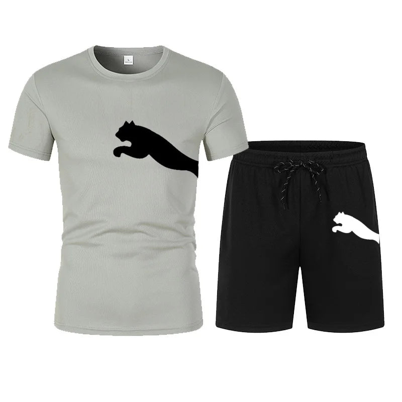 Men's summer T-shirt and shorts set, trendy men's breathable sports set.