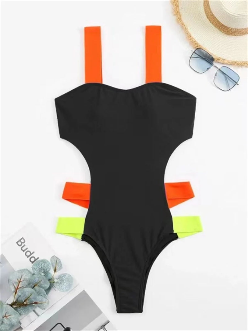 Sexy Black Contrast One Piece Swimsuit Women Neon Strap Hollow Out Backless.