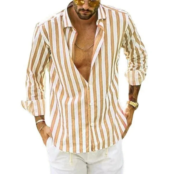 Men Striped Blouse Shirts Summer Spring Turn Down Collar Long Sleeve.