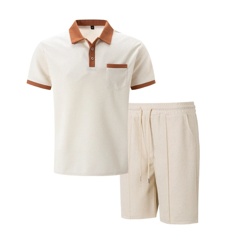 Men waffle pocket color matching POLO shirt short sleeve shirt T-shirt shorts two sets.