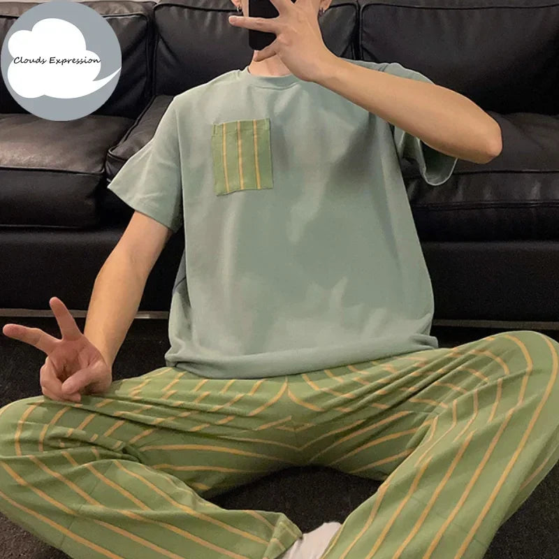 Summer Knitted Plaid Cool Mens Pyjamas Pajamas Casual Pjs Lounge Sets.