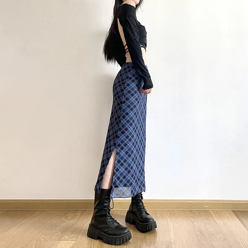 Women Spring Autumn Plaid Print Wrap Hips Skirts Fashion Ankle-Length Sexy.