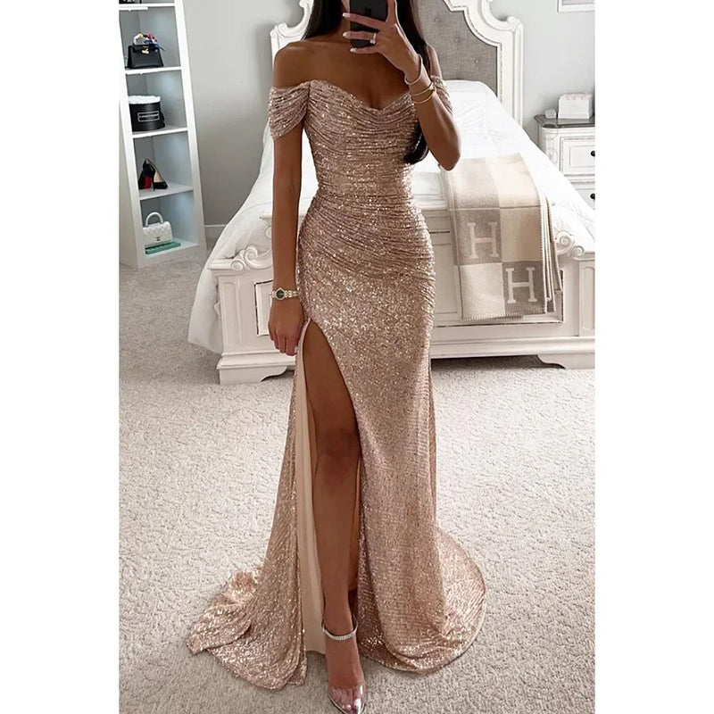 New Party Sequins One line Neck Split Dress INS Casual Versatile Fashionable Charming Slimming Dress.