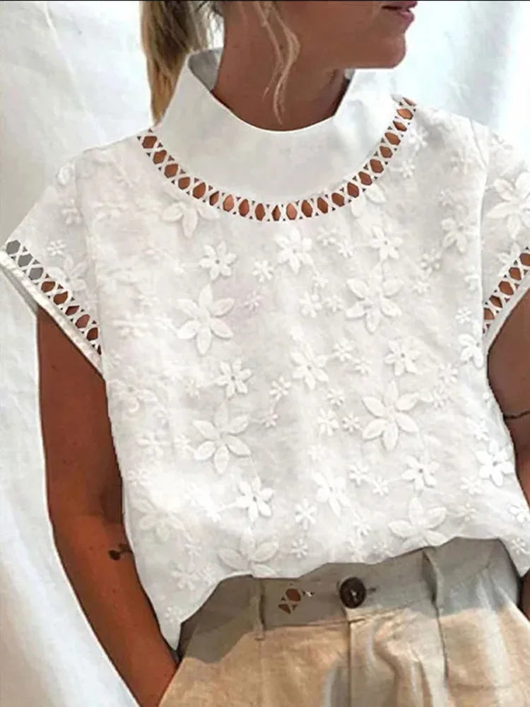 White Cotton Linen Summer Women Blouse Shirt Elegant.