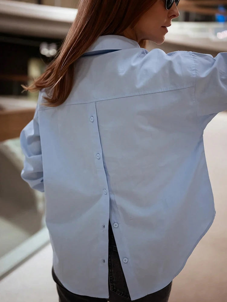 Spring/Summer Women's Casual Resort Solid-Colour Back-Button Shirt Fashion.