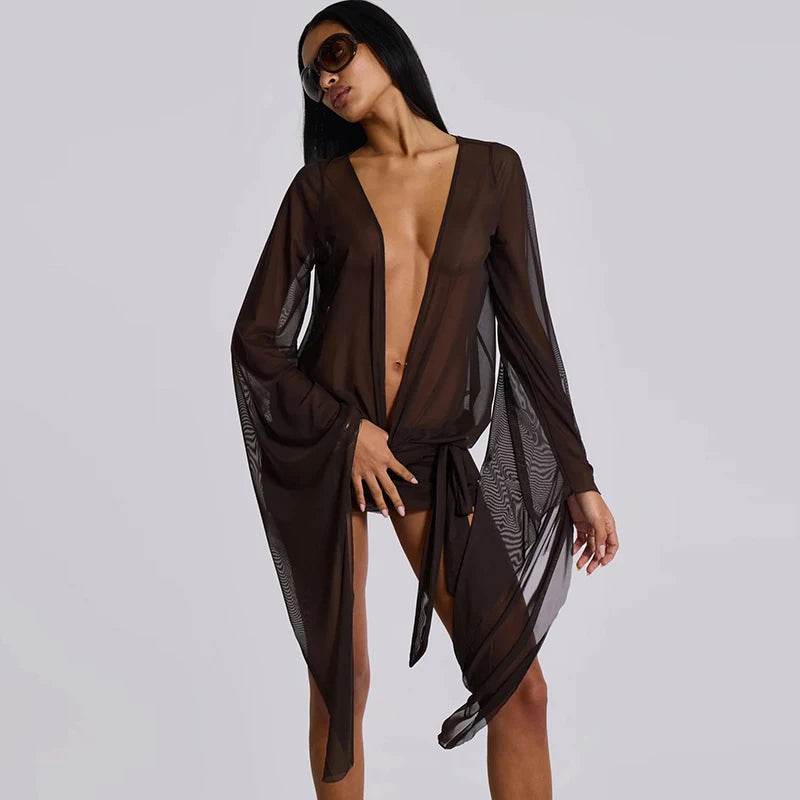 Women’s Mesh Irregular  Mini Dress Sexy See Through Chic.