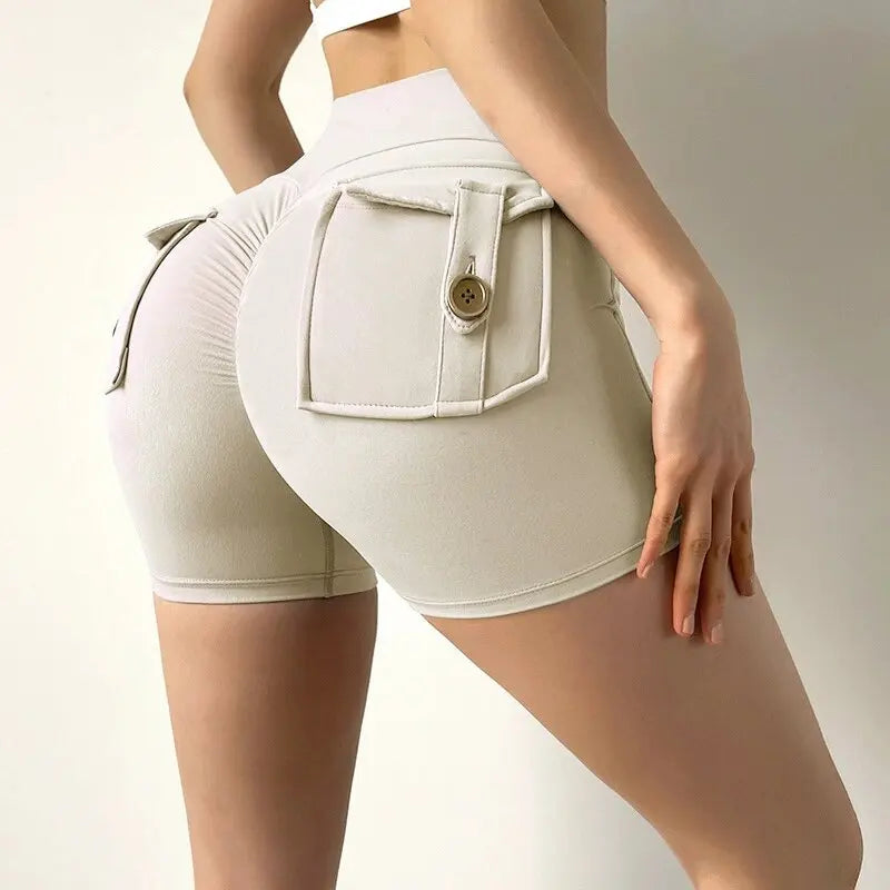 Fitness Exercise Three-Quarter Pants Cargo Air Dry Pocket Yoga Tight lift the hips Women's Shorts.