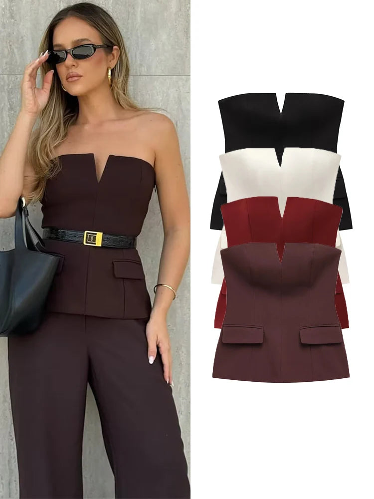 TFMLN Spring Summer Women Strapless Crop Tops Basic Sleeveless.
