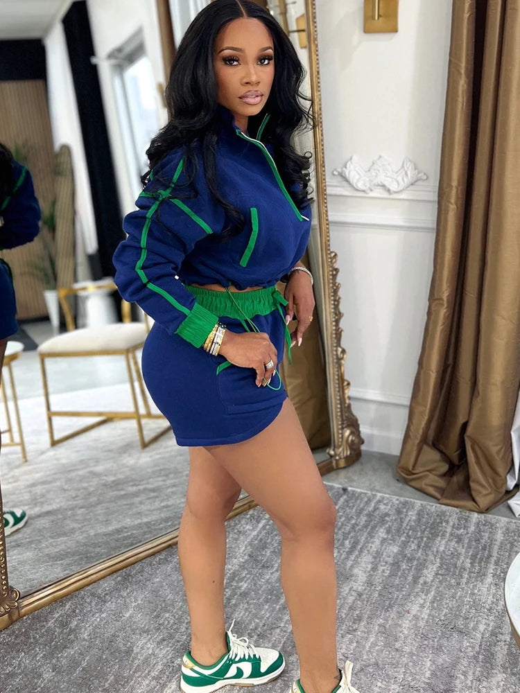 Beyprern Casual Contrast Color Two Piece Set Women Quarter Zip Long Sleeve Crop Top.